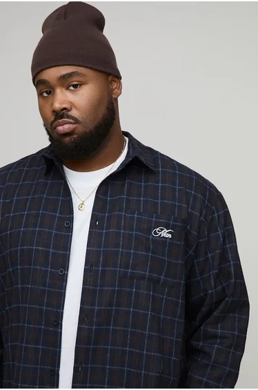 Plus Oversized Boxy Brushed Check Embroidered Shirt - navy