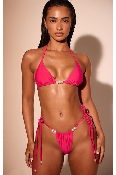 Fuschia Contrast Bead Trim Tie Side Bikini Bottoms