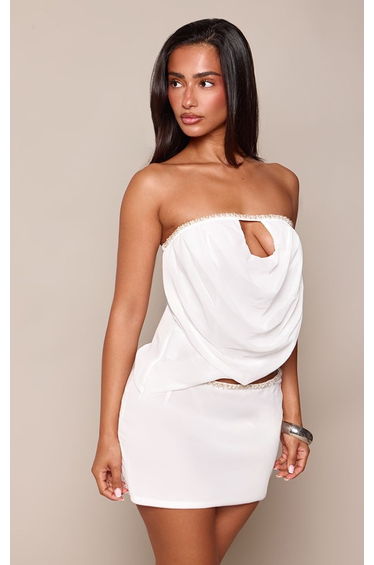 Petite White Embellished Edge Cowl Front Bandeau Top Co-ord