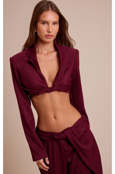 Dark Wine Twist Detail Long Sleeve Cropped Blazer
