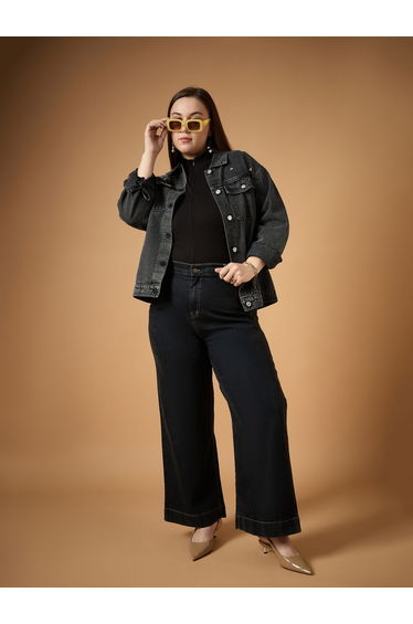 Plus Size Embellished Detail Washed Denim Jacket with Pocket Detail