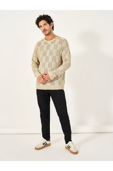 Pointelle Knit Relaxed Fit Crew Neck Sweater