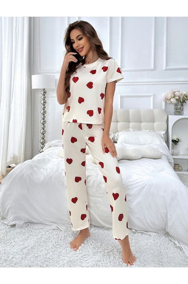 Cream Heart Print T-Shirt and Pyjama Set