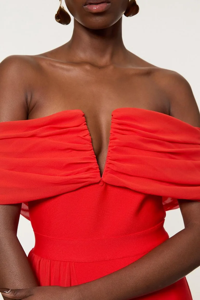 Figure Form Bandage Knit Woven Bardot And Skirt Detail Dress - 2