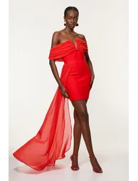 Figure Form Bandage Knit Woven Bardot And Skirt Detail Dress