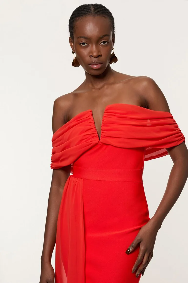 Figure Form Bandage Knit Woven Bardot And Skirt Detail Dress - 1