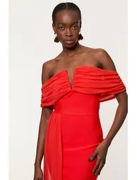 Figure Form Bandage Knit Woven Bardot And Skirt Detail Dress - 1