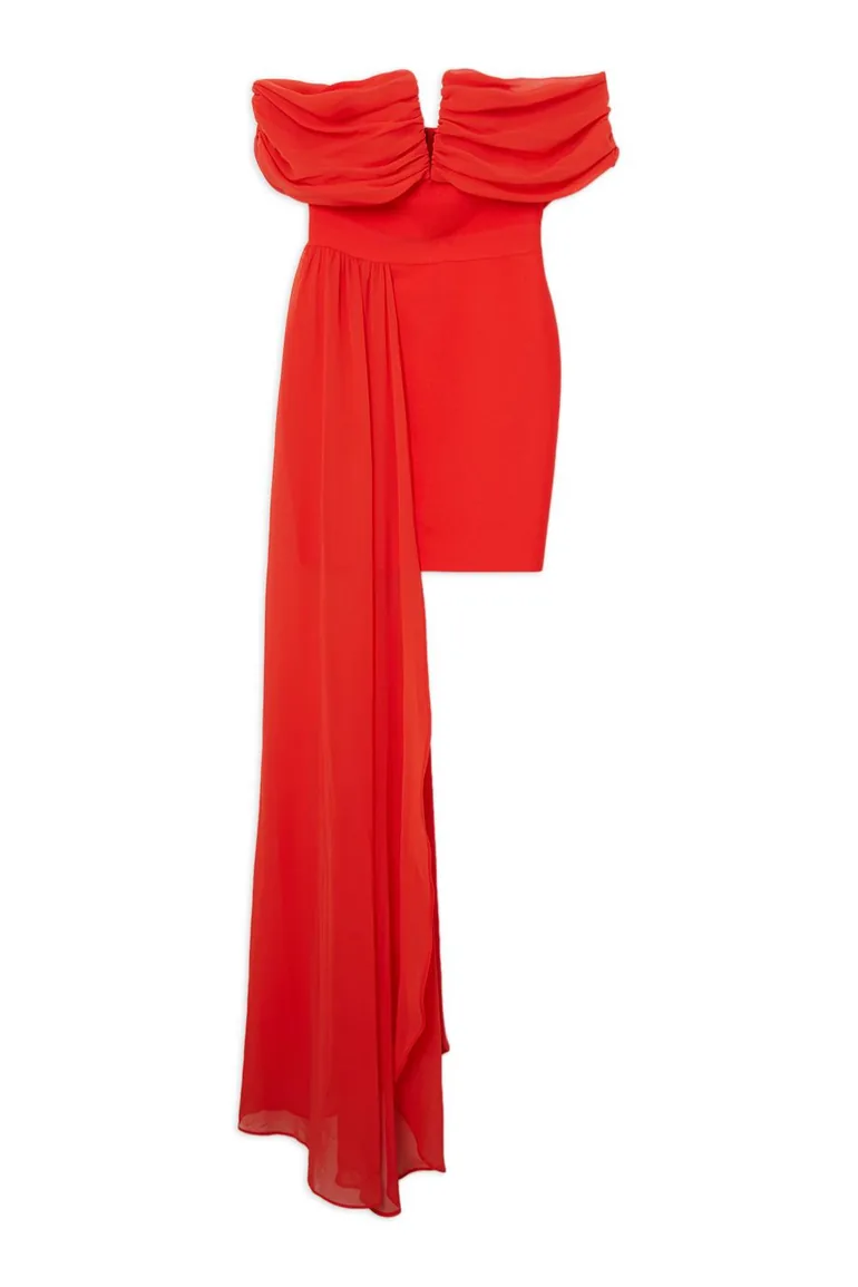 Figure Form Bandage Knit Woven Bardot And Skirt Detail Dress - 3