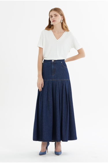 Pleated Navy Denim Skirt