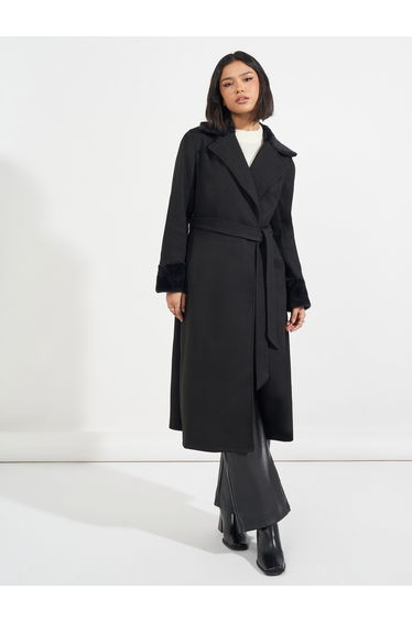 Regular Fit Midi Wool Like Belted Coat with Faux Fur Detail