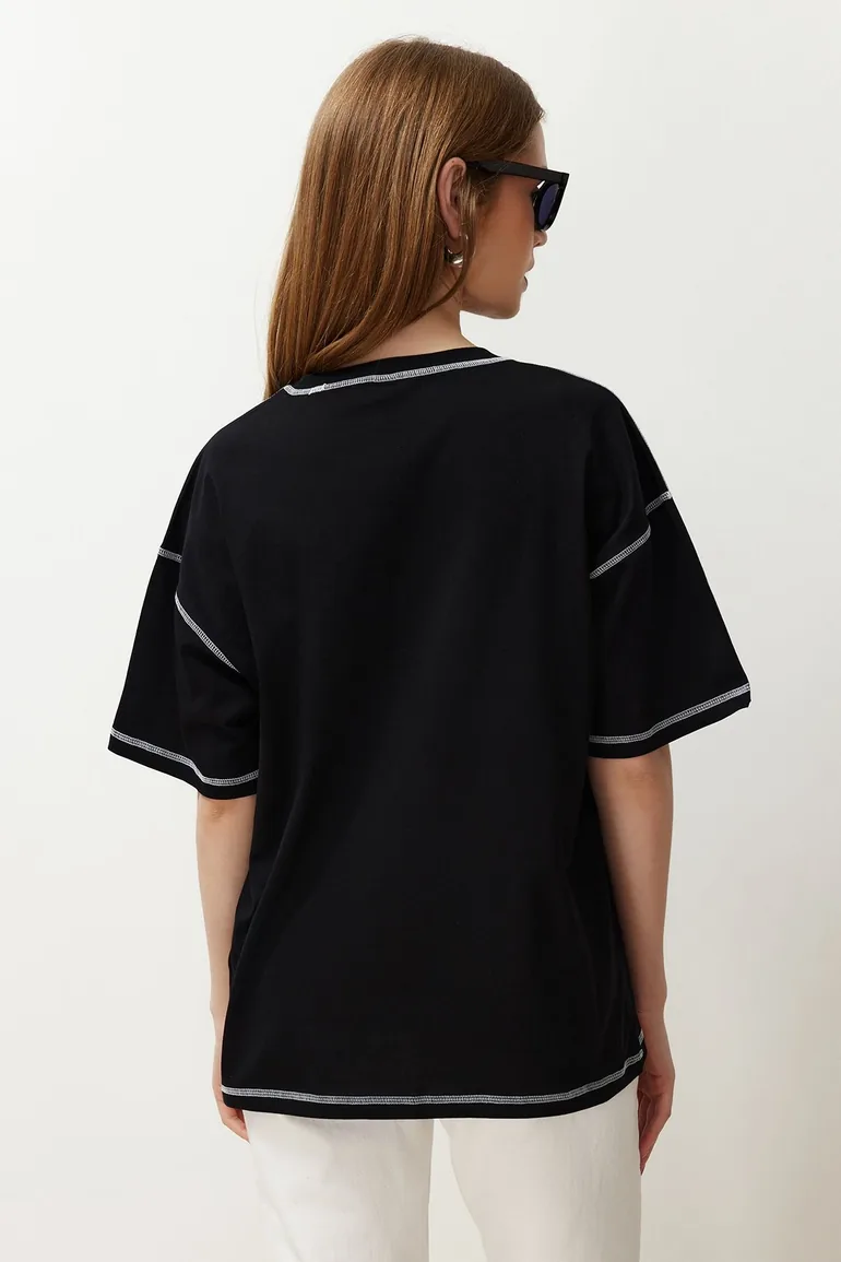 Black 100% Cotton Karkoya Stitch Detail Oversize/Wide-Fit Knitted T-Shirt - 5