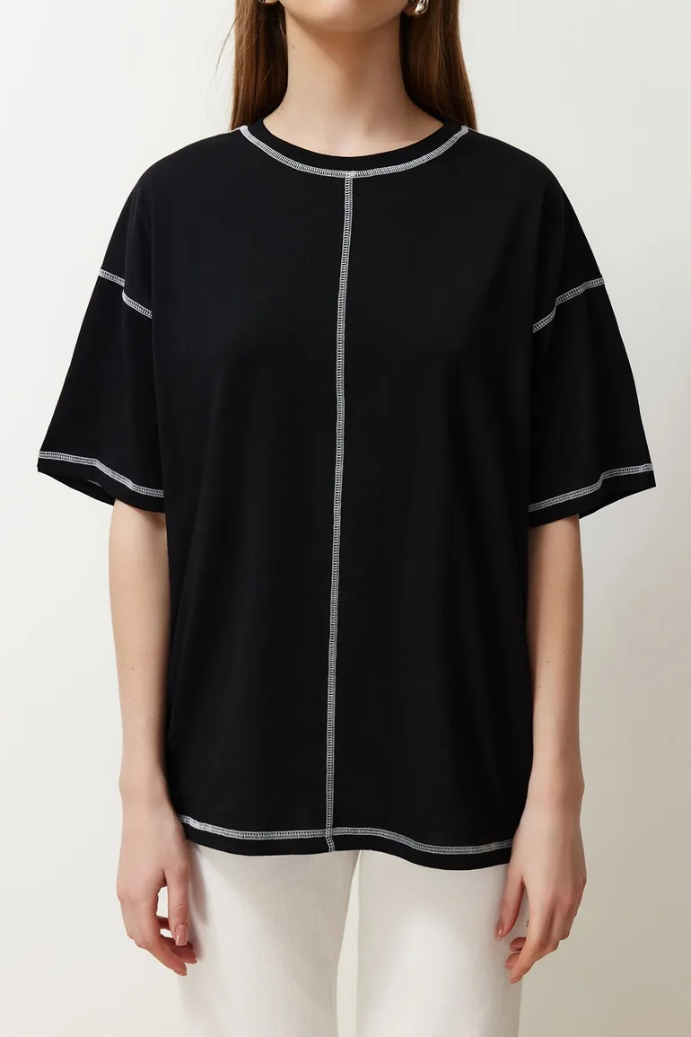 Black 100% Cotton Karkoya Stitch Detail Oversize/Wide-Fit Knitted T-Shirt - 4