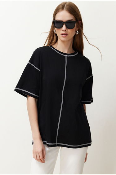 Black 100% Cotton Karkoya Stitch Detail Oversize/Wide-Fit Knitted T-Shirt