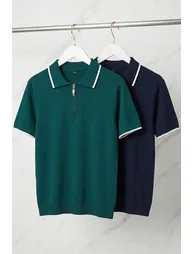 Navy Blue Regular Polo Neck Plain Polo Neck T-Shirt - 9