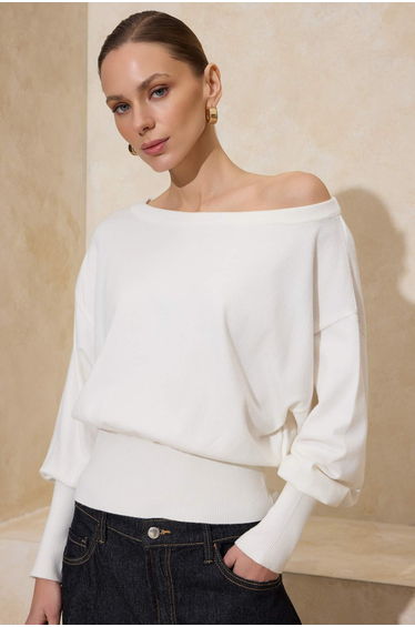 Ecru Soft Textured Boat Neck Knitwear Sweater