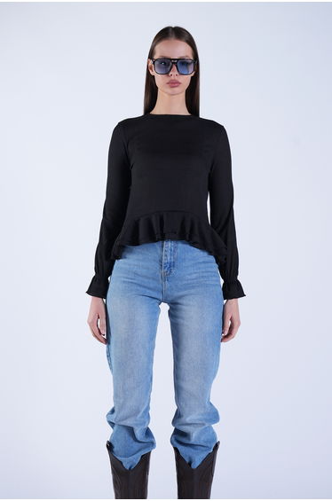 Women's Black Crew Neck Skirt Ruffle Blouse