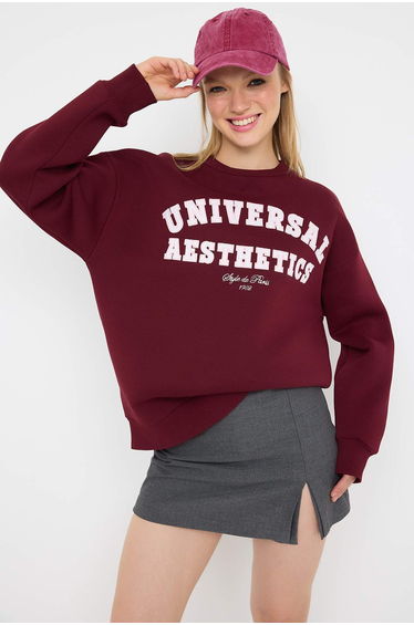 Burgundy Slogan Embroidered Oversize/Wide Fit Knitted Sweatshirt