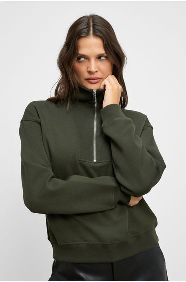 GRIMELANGE ENDORA Women's Soft Fleece Fabric Zip Collar Regular Fit Khaki Sweatshirt