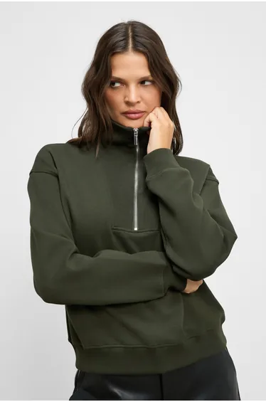 GRIMELANGE ENDORA Women's Soft Fleece Fabric Zip Collar Regular Fit Khaki Sweatshirt