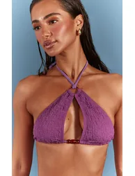 Purple Textured Halter Neck Bikini Top - 1