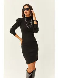 Women's Black Half Turtleneck Princess Sleeve Raised Mini Dress - 1