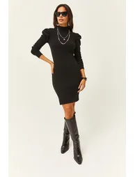Women's Black Half Turtleneck Princess Sleeve Raised Mini Dress