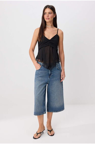Black Plain Regular Fit V-Neck Lace Detailed Tulle Knitted Blouse