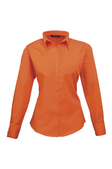 Premier Womens/Ladies Poplin Long Sleeve Blouse / Plain Work Shirt - Orange