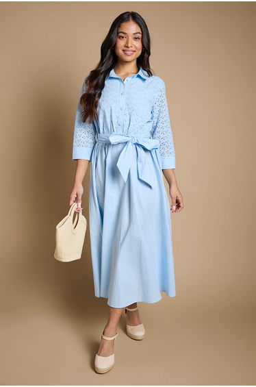 Petite Contrast Broderie Belted Shirt Midi Dress