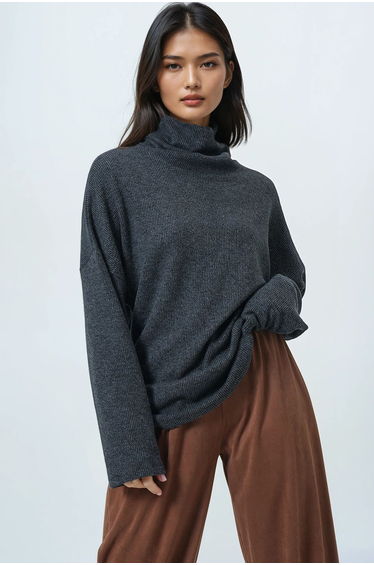 Women's anthracite fisherman neck wide cut knitwear blouse