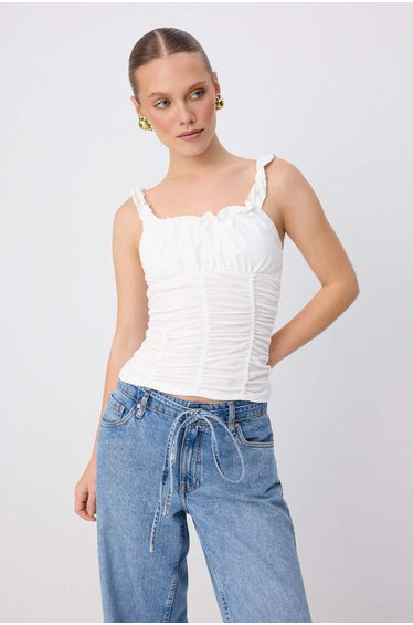 Ecru Plain Fitted Square Neck Thick Strap Sleeveless Cotton Stretch Knitted Blouse