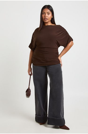 Plus Draped Bardot Top - chocolate