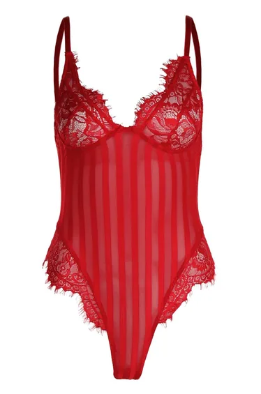 بودي سوت ميش بأربطة ومزينة بدانتيل - أحمر