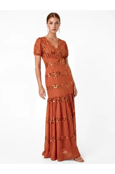 Maya Burnt Orange Embellished Short Sleeve Maxi Dress