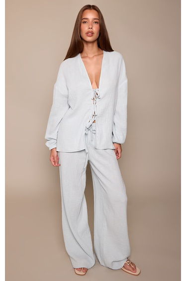Blue Textured Cheesecloth Wide Leg Trouser