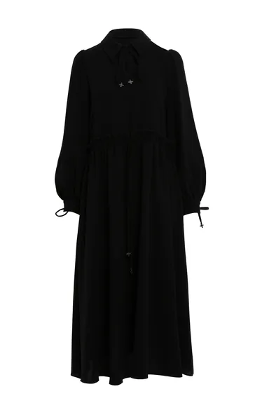 Water Drop Neck Detail A-Line Black Midi Dress