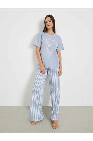Graphic Print Dropped Shoulder T-Shirt and Pyjama Set