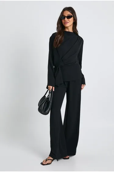 Woven Drape Long Sleeve Blouse & Trouser Co-Ord - black
