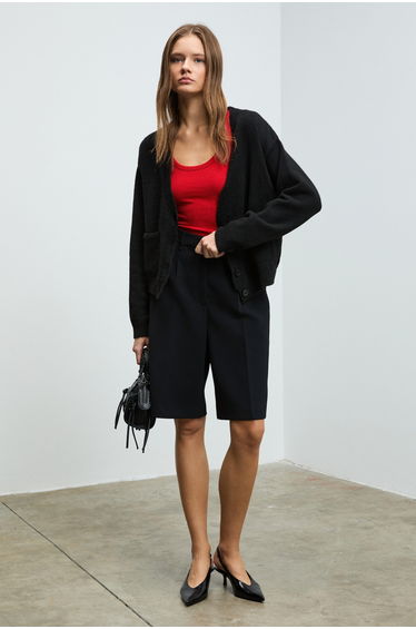GRIMELANGE ESENCIA Women's V-Neck Long Sleeve Buttoned Pocket Soft Textured Regular Knit Black Sweater