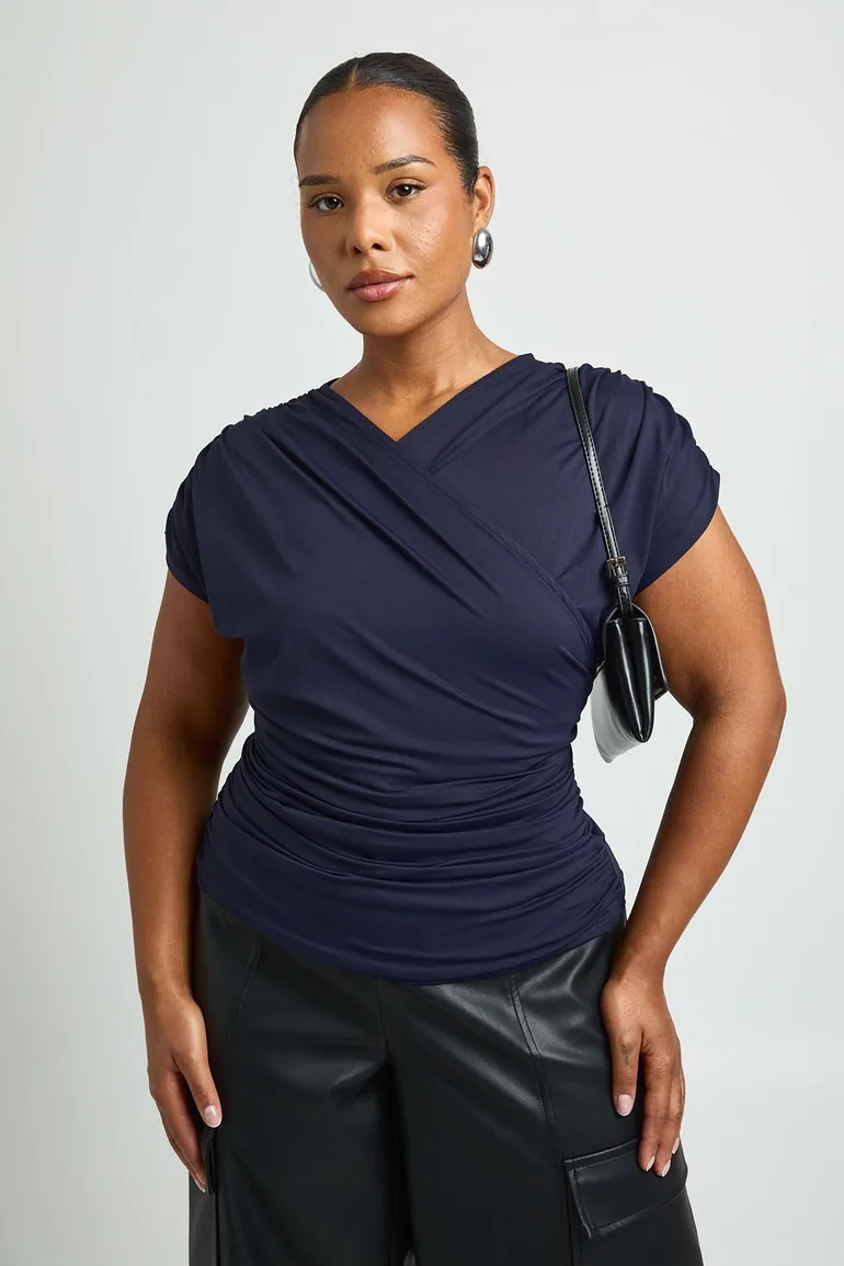 Plus Super Soft Ruched Wrap Top - navy