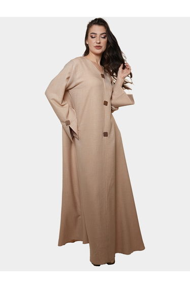 Beige Melange Wooden Button Maxi Jalabiya