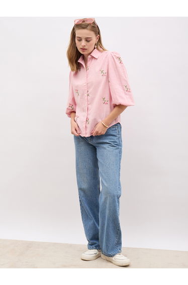 Pink 3/4 Sleeves Embroidered Shirt