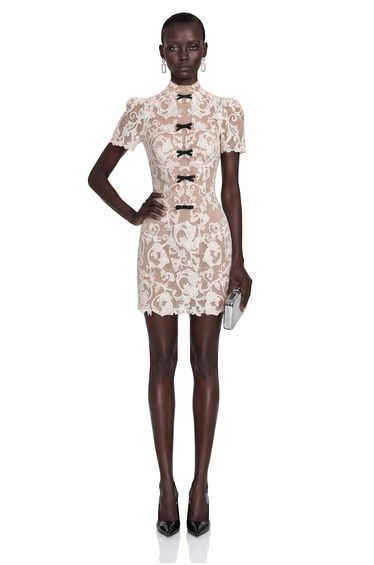 Simona Nude Lace Mini Dress with Bow Detail
