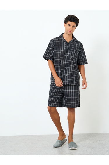 Men Black Relaxed Checked Shirt and Shorts Set