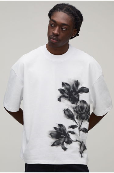 White Oversized Boxy Blurred Floral Print T-Shirt - white