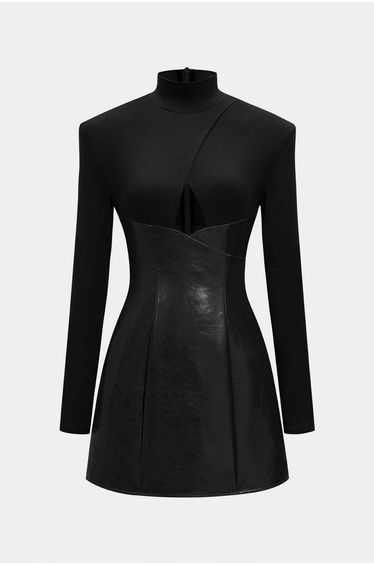 Mock Neck Faux Leather Patchwork Cut Out Long Sleeve Mini Dress
