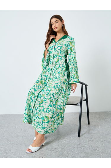 All-Over Printed V Neck Split Long Sleeve Maxi Dress