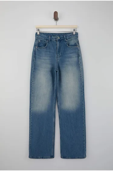 Blue Draped High Waist 100% Cotton Wide Leg Jeans