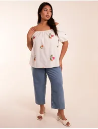 Curve Milkmaid Flower Embroidered Top - 5