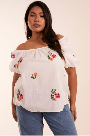 Curve Milkmaid Flower Embroidered Top